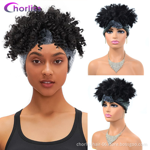 Wholesale Black Headbands Black Short  Afro Wig Synthetic Wigs African Kinky Curly Box Wrap Puff Turban wigs For women